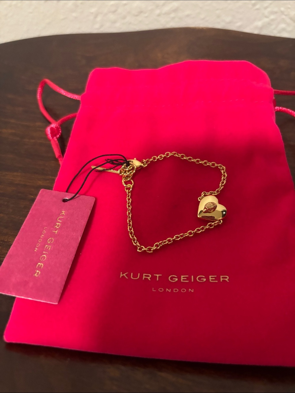 Kurt Geiger Gold Heart Padlock Bracelet with Pink Pouch